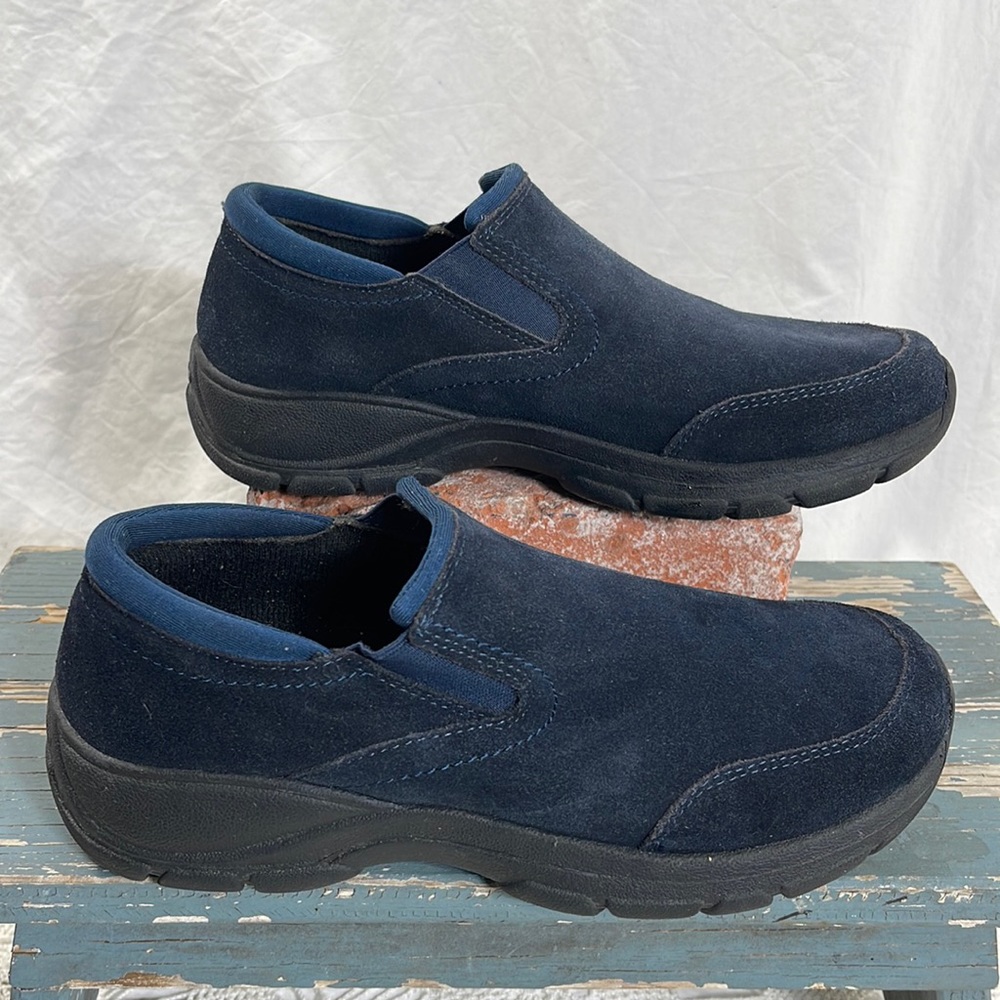 Mens Blue Suede Shoes Lands End comfort pull on hikers loafers EUC LIKE NEW